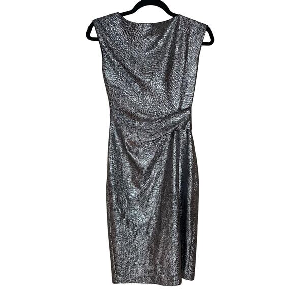 Vince Camuto Womens 0 Silver Metallic Cowl Neck Ruched Cocktail Dress - Picture 3 of 10